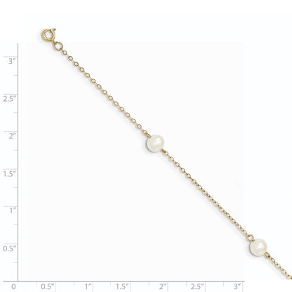 14K Yellow Gold 5 6mm White Near Round Freshwater Cultured Pearl 3 Station 7.25 Inch Bracelet