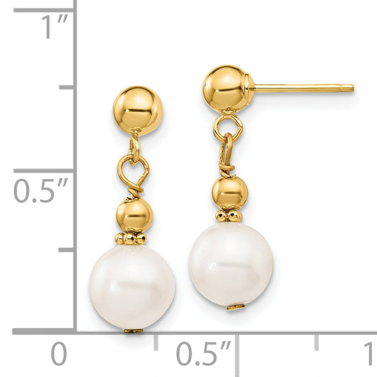 14K Yellow Gold 7 8mm White Semi Round Freshwater Cultured Pearl Post Dangle Earrings