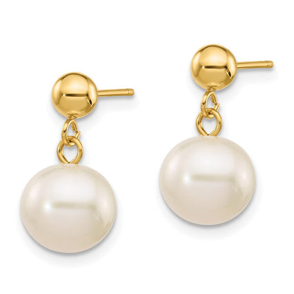 14K Yellow Gold 8 8.5mm White Round Freshwater Cultured Pearl Post Dangle Earrings