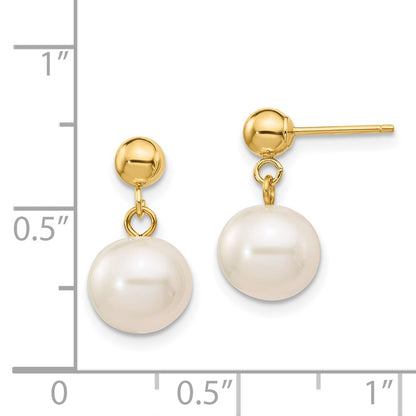 14K Yellow Gold 8 8.5mm White Round Freshwater Cultured Pearl Post Dangle Earrings