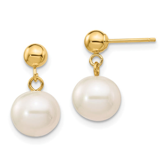 14K Yellow Gold 8 8.5mm White Round Freshwater Cultured Pearl Post Dangle Earrings