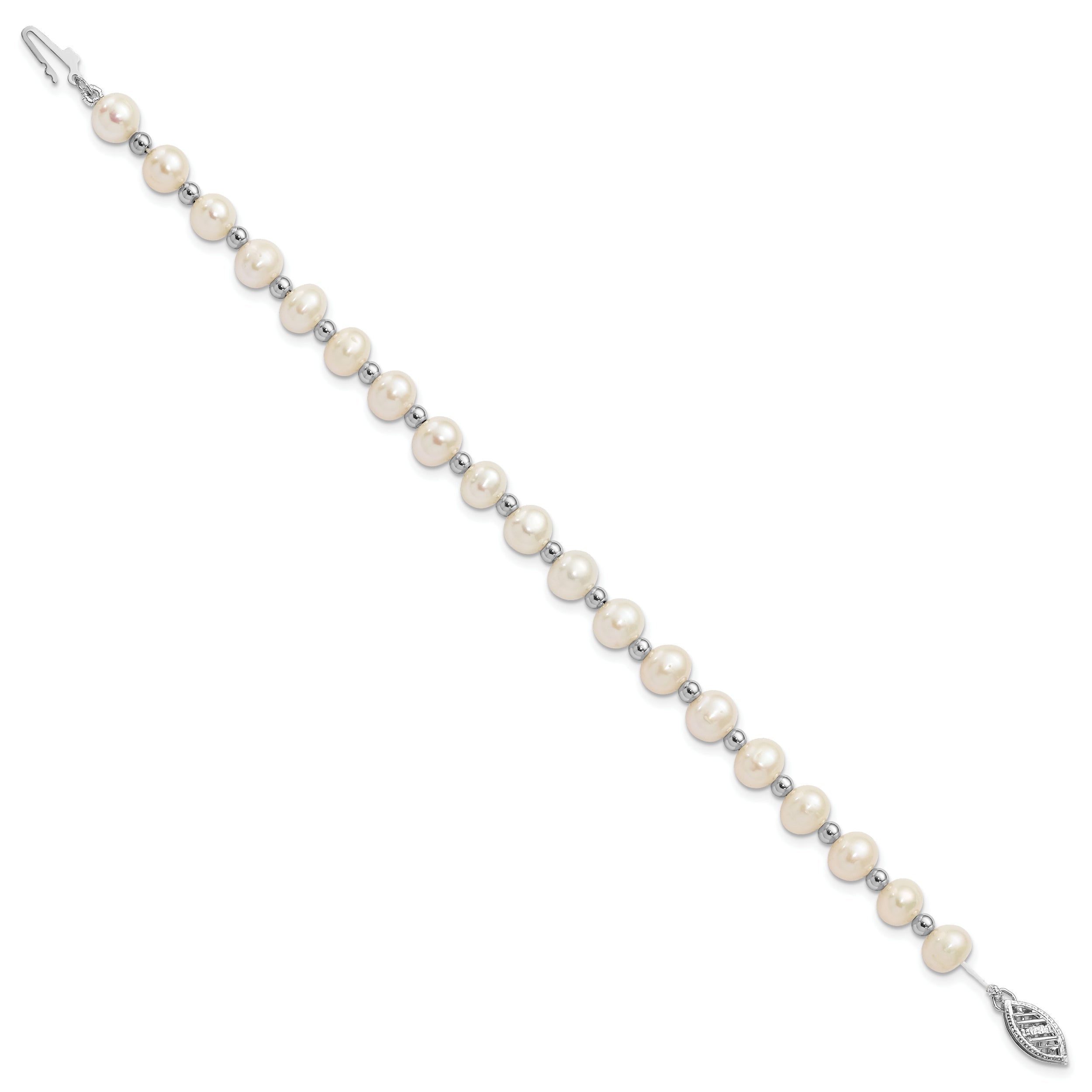 14K White Gold 6 7mm Near Round Freshwater Cultured Pearl Beaded 7 Inch Bracelet
