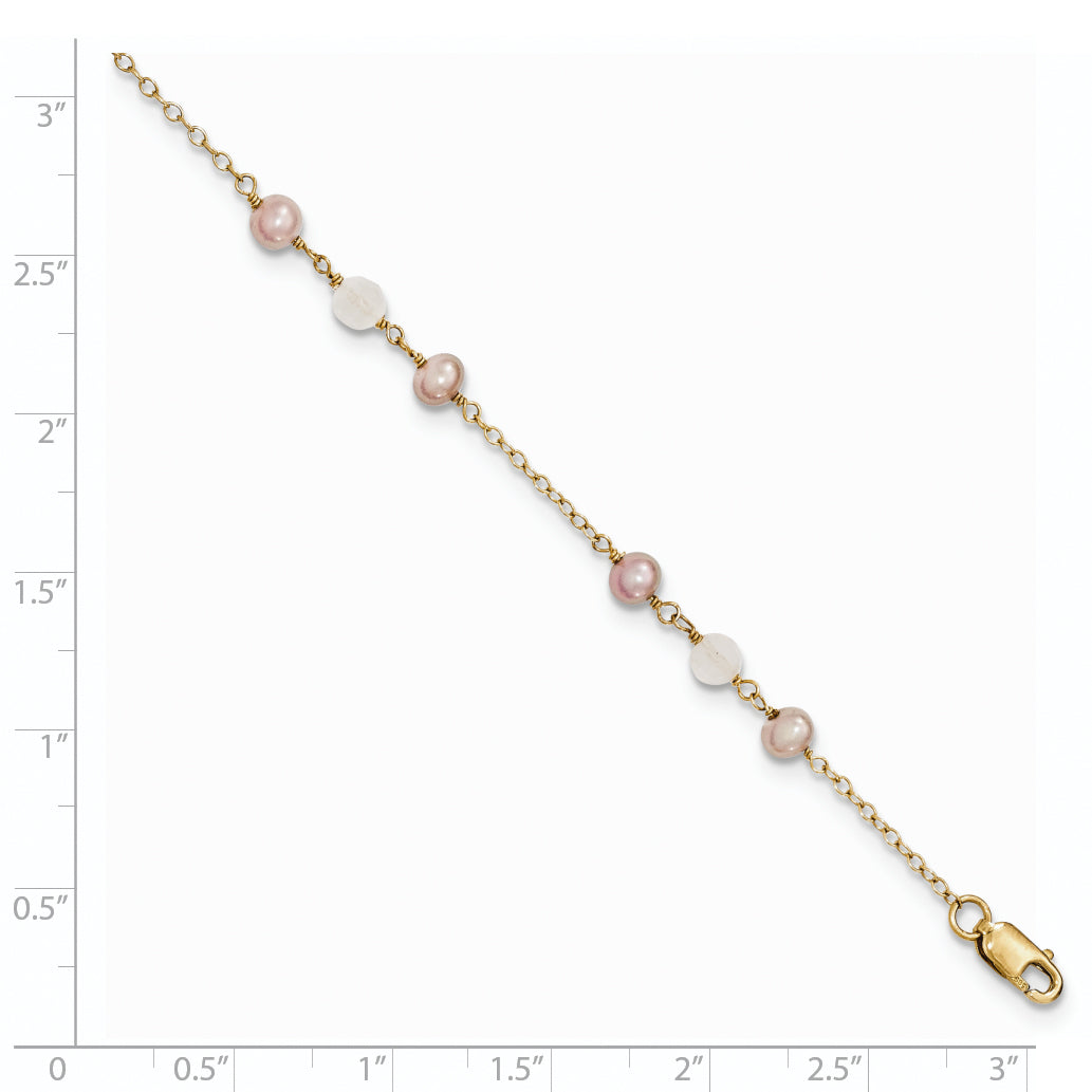 14K Yellow Gold Fw Cultured Pearl & Rose Quartz Cable Chain 1 In Ext