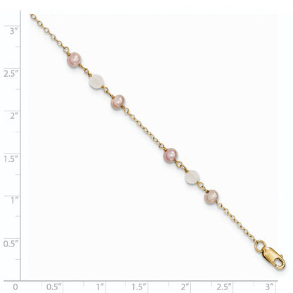 14K Yellow Gold Fw Cultured Pearl & Rose Quartz Cable Chain 1 In Ext