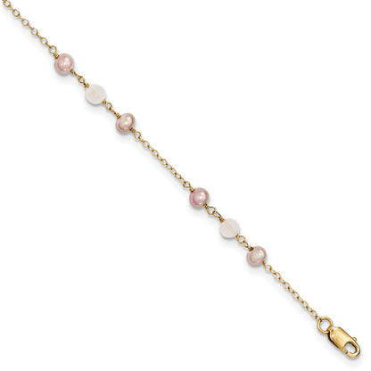 14K Yellow Gold Fw Cultured Pearl & Rose Quartz Cable Chain 1 In Ext
