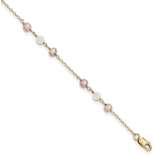 14K Yellow Gold Fw Cultured Pearl & Rose Quartz Cable Chain 1 In Ext