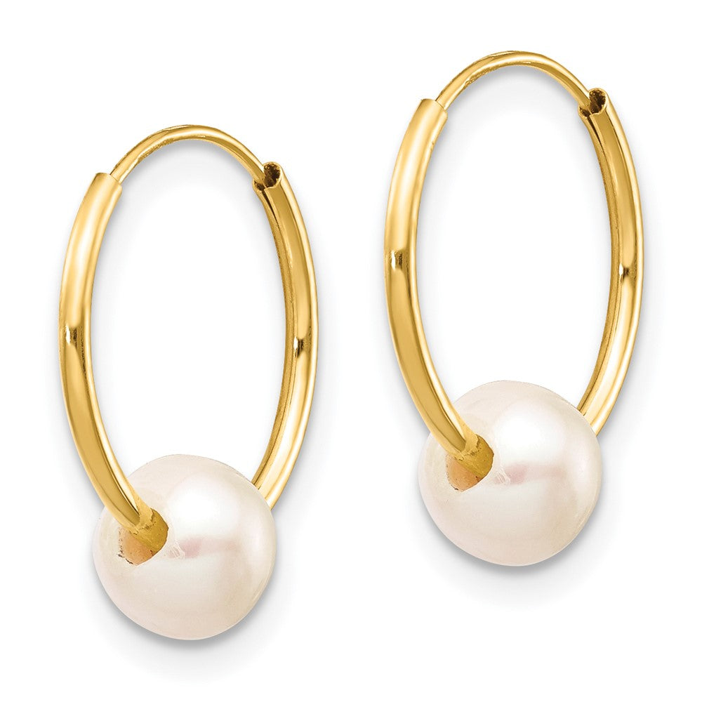14K Yellow Gold 5 6mm White Semi Round Freshwater Cultured Pearl Endless Hoop Earrings