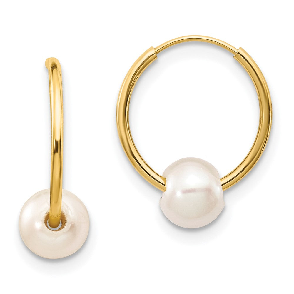 14K Yellow Gold 5 6mm White Semi Round Freshwater Cultured Pearl Endless Hoop Earrings