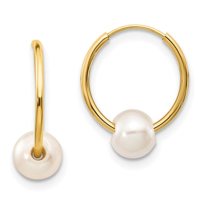 14K Yellow Gold 5 6mm White Semi Round Freshwater Cultured Pearl Endless Hoop Earrings