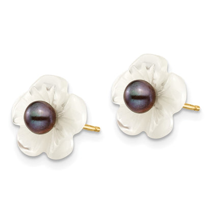 14K Yellow Gold 3 4mm Black Round Freshwater Cultured Pearl And 10 mm White Mother Of Flower Post Earrings