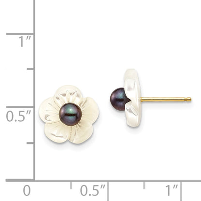 14K Yellow Gold 3 4mm Black Round Freshwater Cultured Pearl And 10 mm White Mother Of Flower Post Earrings