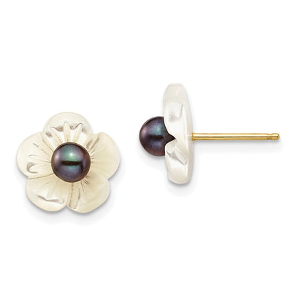 14K Yellow Gold 3 4mm Black Round Freshwater Cultured Pearl And 10 mm White Mother Of Flower Post Earrings