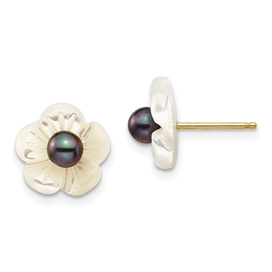 14K Yellow Gold 3 4mm Black Round Freshwater Cultured Pearl And 10 mm White Mother Of Flower Post Earrings