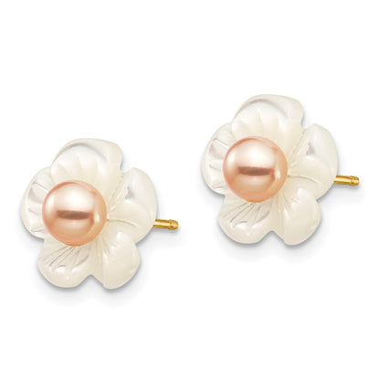 14K Yellow Gold 3 4mm Pink Round Freshwater Cultured Pearl And 10mm White Mother Of Flower Post Earrings