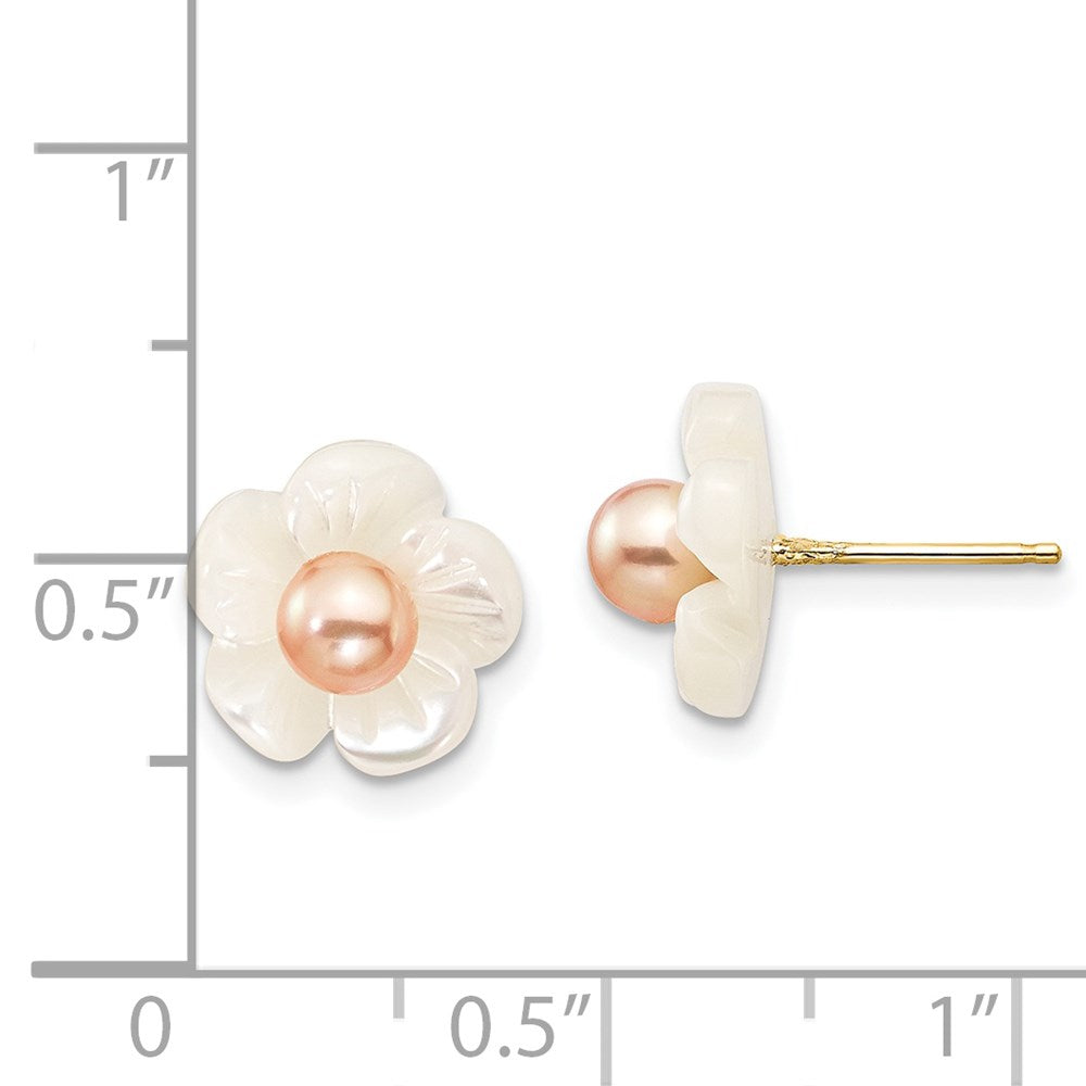 14K Yellow Gold 3 4mm Pink Round Freshwater Cultured Pearl And 10mm White Mother Of Flower Post Earrings