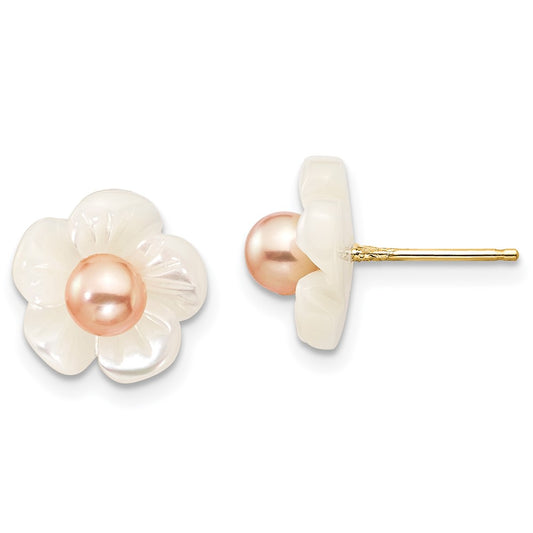 14K Yellow Gold 3 4mm Pink Round Freshwater Cultured Pearl And 10mm White Mother Of Flower Post Earrings