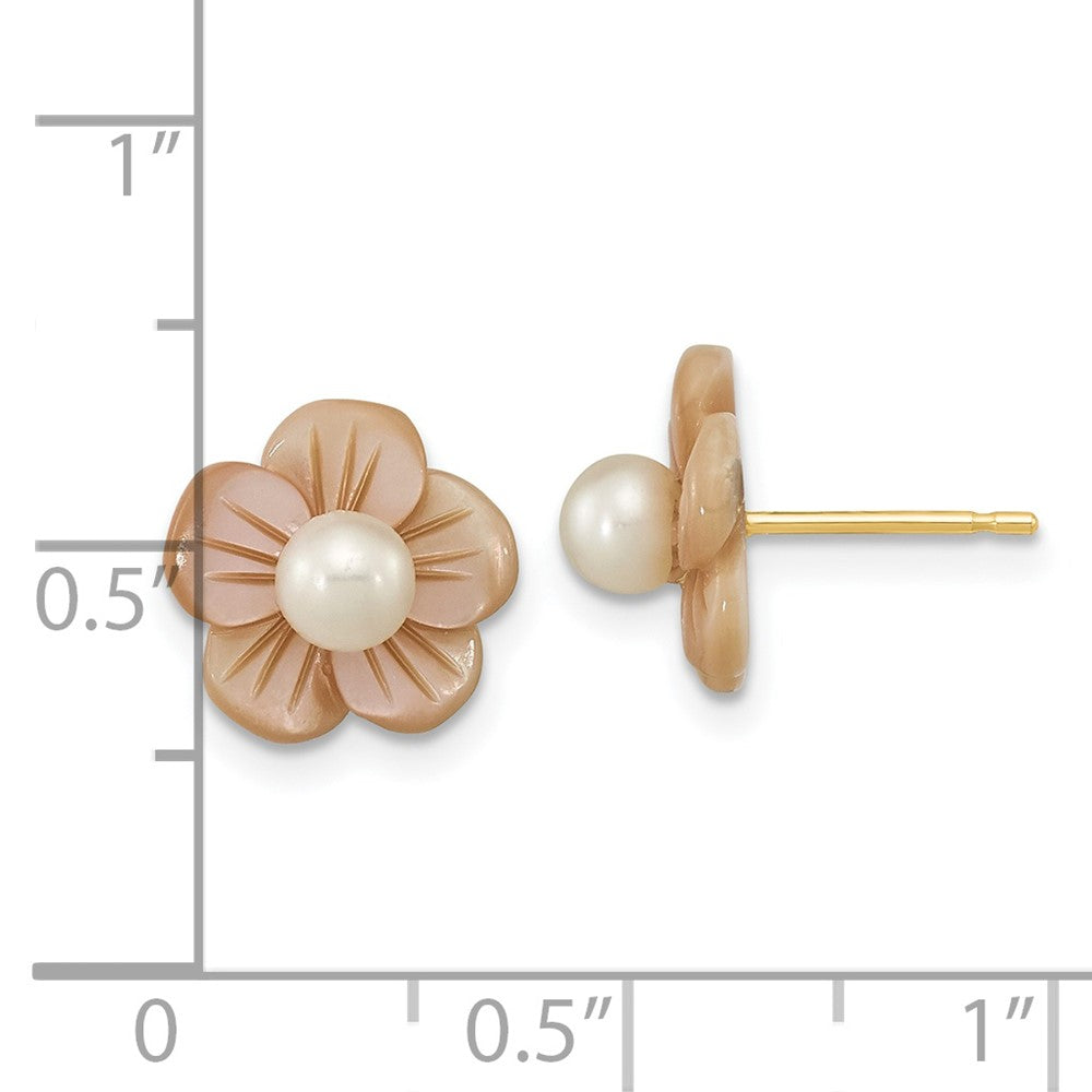 14K Yellow Gold 3 4mm White Round Freshwater Cultured Pearl And Pink Mother Of Flower Post Earrings
