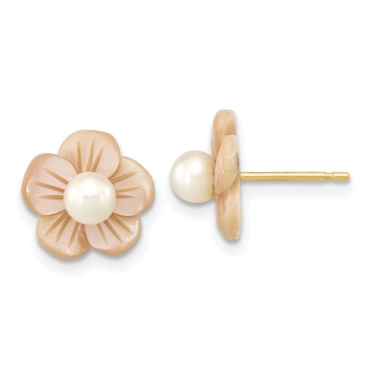 14K Yellow Gold 3 4mm White Round Freshwater Cultured Pearl And Pink Mother Of Flower Post Earrings