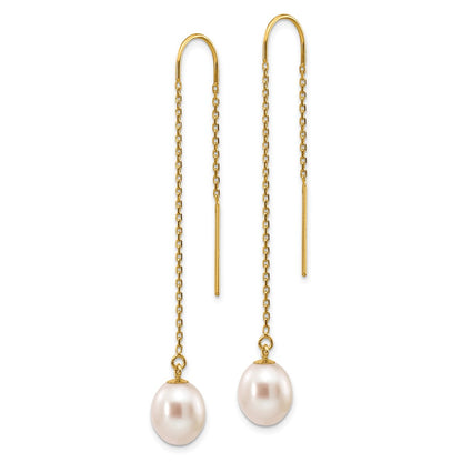 14K Yellow Gold 7 8mm White Rice Freshwater Cultured Pearl Dangle Threader Earrings