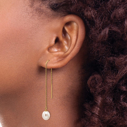 14K Yellow Gold 7 8mm White Rice Freshwater Cultured Pearl Dangle Threader Earrings