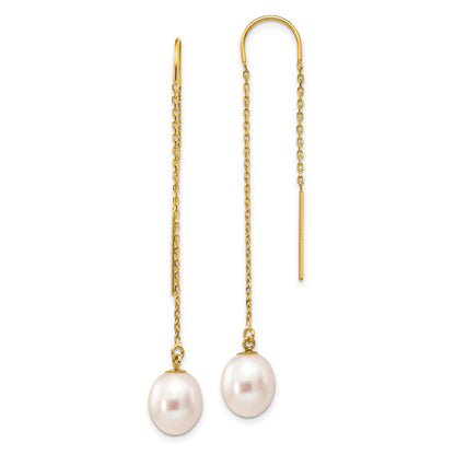 14K Yellow Gold 7 8mm White Rice Freshwater Cultured Pearl Dangle Threader Earrings