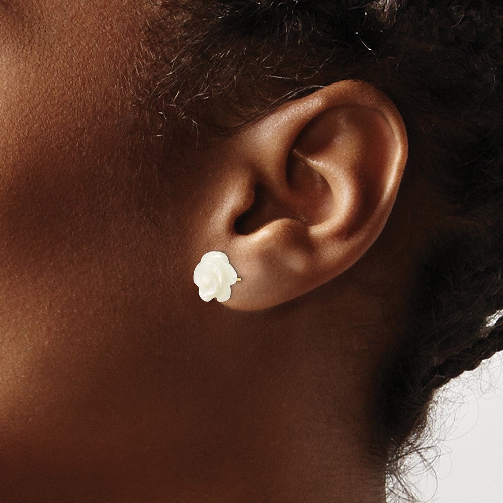 14K Yellow Gold 10mm White Mother Of Pearl Flower Design Post Stud Earrings
