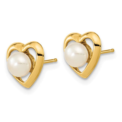 14K Yellow Gold 4 5mm White Button Freshwater Cultured Pearl Heart Post Earrings