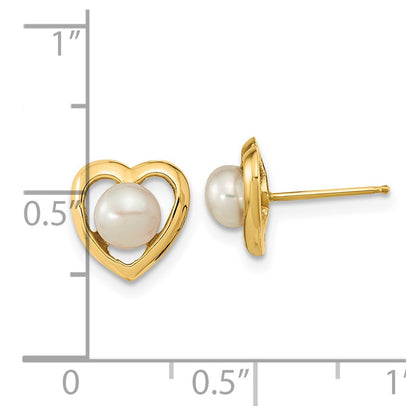 14K Yellow Gold 4 5mm White Button Freshwater Cultured Pearl Heart Post Earrings