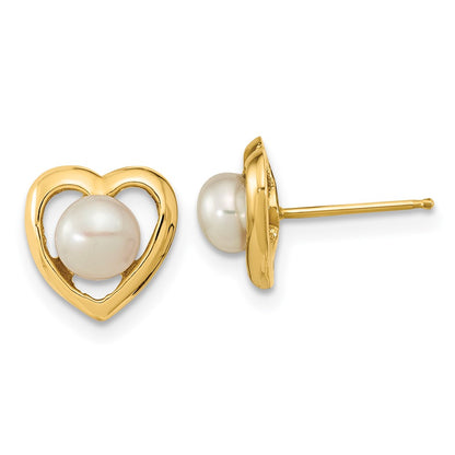 14K Yellow Gold 4 5mm White Button Freshwater Cultured Pearl Heart Post Earrings