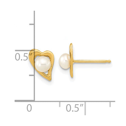 14K Yellow Gold 3 4mm White Button Freshwater Cultured Pearl Heart Post Earrings