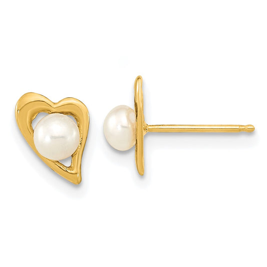 14K Yellow Gold 3 4mm White Button Freshwater Cultured Pearl Heart Post Earrings