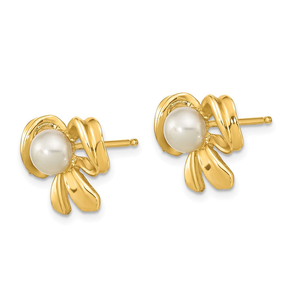 14K Yellow Gold 3 4mm White Button Freshwater Cultured Pearl Bow Post Earrings