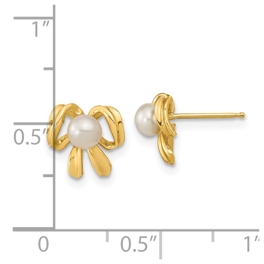 14K Yellow Gold 3 4mm White Button Freshwater Cultured Pearl Bow Post Earrings