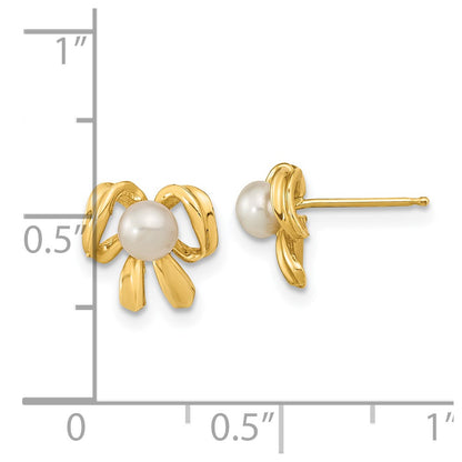14K Yellow Gold 3 4mm White Button Freshwater Cultured Pearl Bow Post Earrings