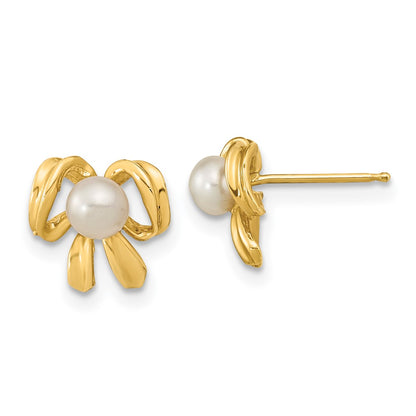 14K Yellow Gold 3 4mm White Button Freshwater Cultured Pearl Bow Post Earrings