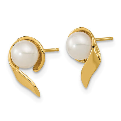 14K Yellow Gold 5 6mm White Button Freshwater Cultured Pearl Post Earrings