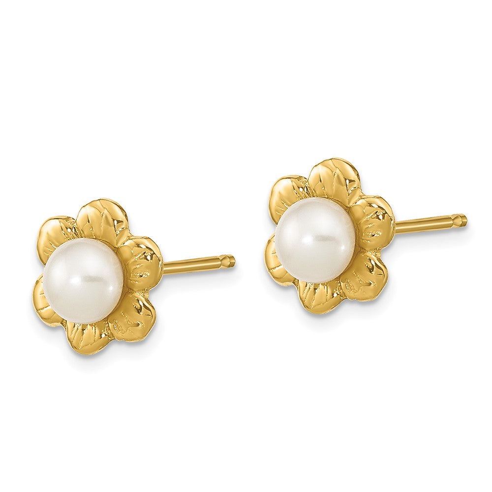 14K Yellow Gold 3 4mm White Button Freshwater Cultured Pearl Flower Post Earrings