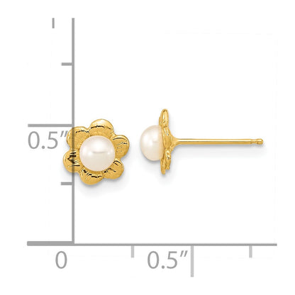 14K Yellow Gold 3 4mm White Button Freshwater Cultured Pearl Flower Post Earrings