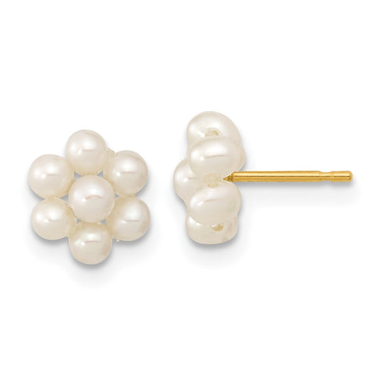 14K Yellow Gold 2 3mm White Button Freshwater Cultured Pearl Flower Earrings
