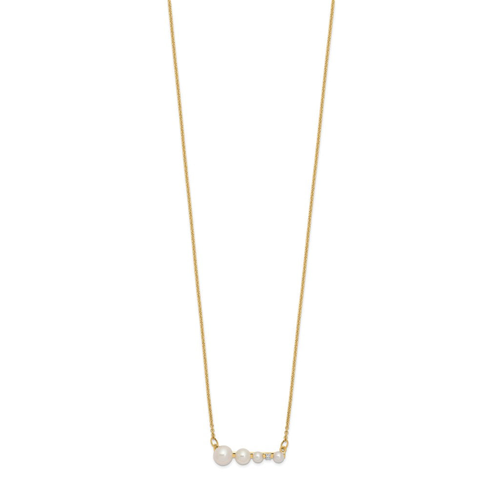 14K Yellow Gold Graduated White Round Freshwater Cultured Pearl And 0.01 Carat Diamond 17 Inch Necklace