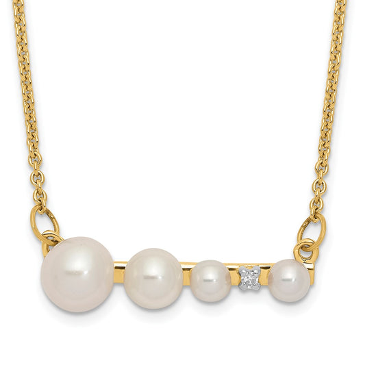 14K Yellow Gold Graduated White Round Freshwater Cultured Pearl And 0.01 Carat Diamond 17 Inch Necklace
