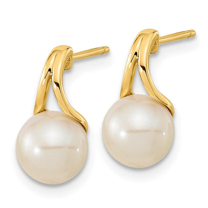 14K Yellow Gold 7 8mm White Round Freshwater Cultured Pearl Post Earrings