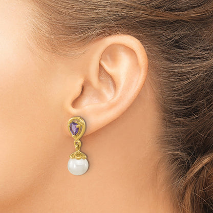 14K Yellow Gold 6 7mm White Round Fwc Pearl Amethyst Post Dangle Earrings