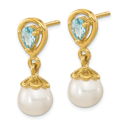 14K Yellow Gold 6 7mm Fwc Pearl Light Swiss Blue Topaz Dangle Post Earrings