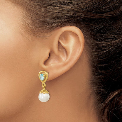 14K Yellow Gold 6 7mm Fwc Pearl Light Swiss Blue Topaz Dangle Post Earrings