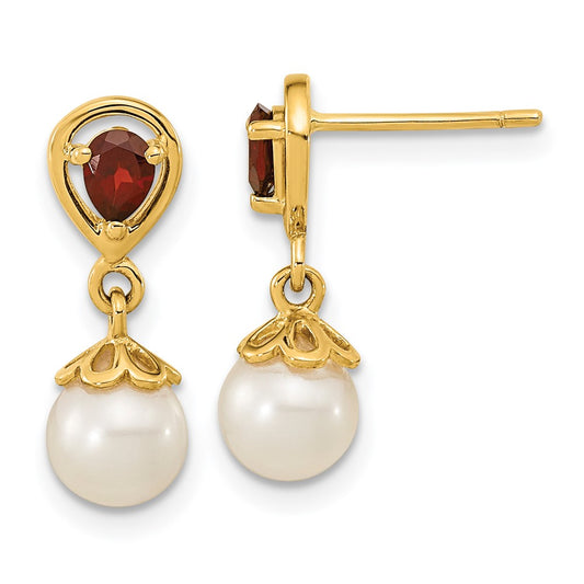 14K Yellow Gold 6 7mm Fwc Pearl Mozambique Garnet Dangle Post Earrings