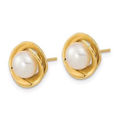14K Yellow Gold 6 7mm White Button Freshwater Cultured Pearl Post Earrings