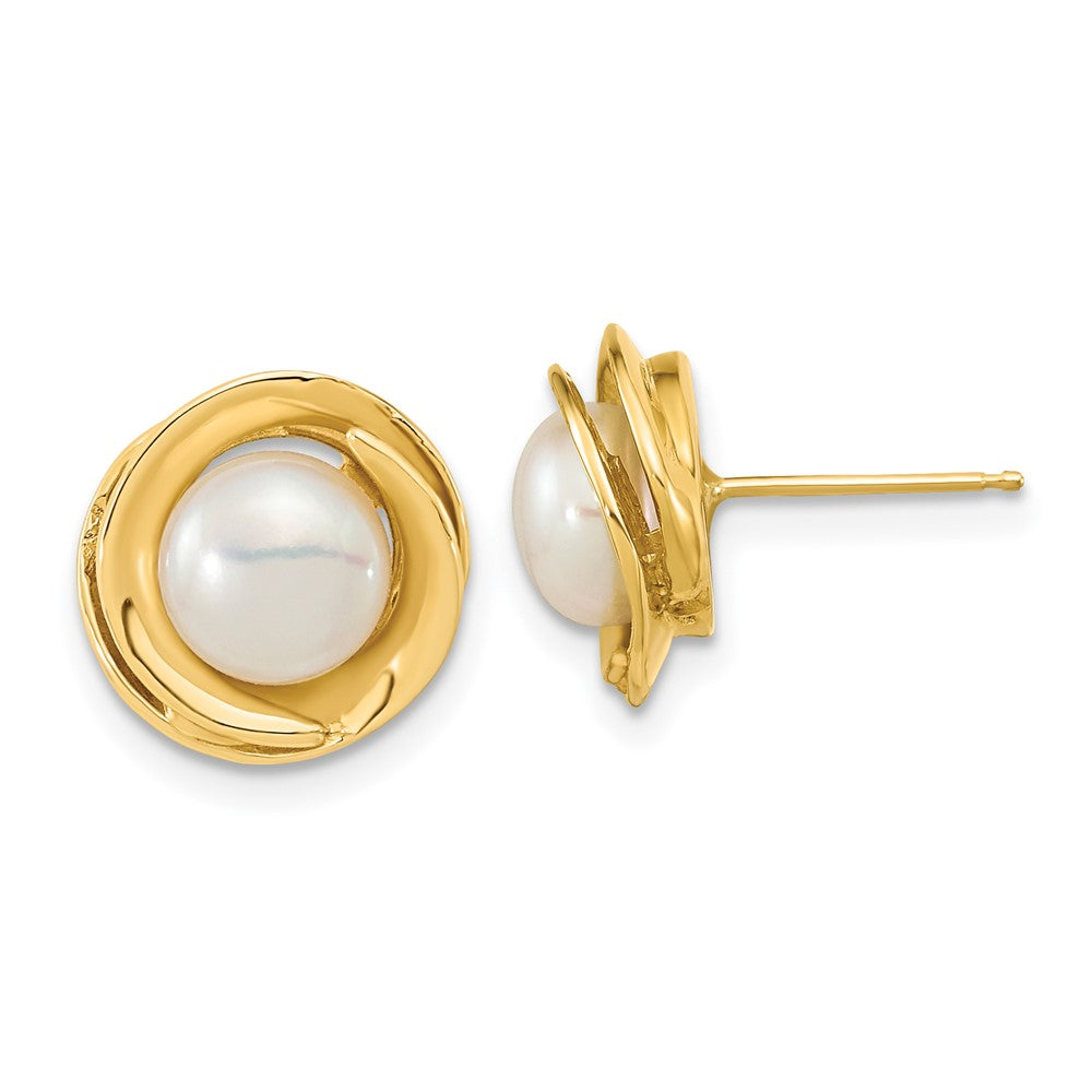 14K Yellow Gold 6 7mm White Button Freshwater Cultured Pearl Post Earrings