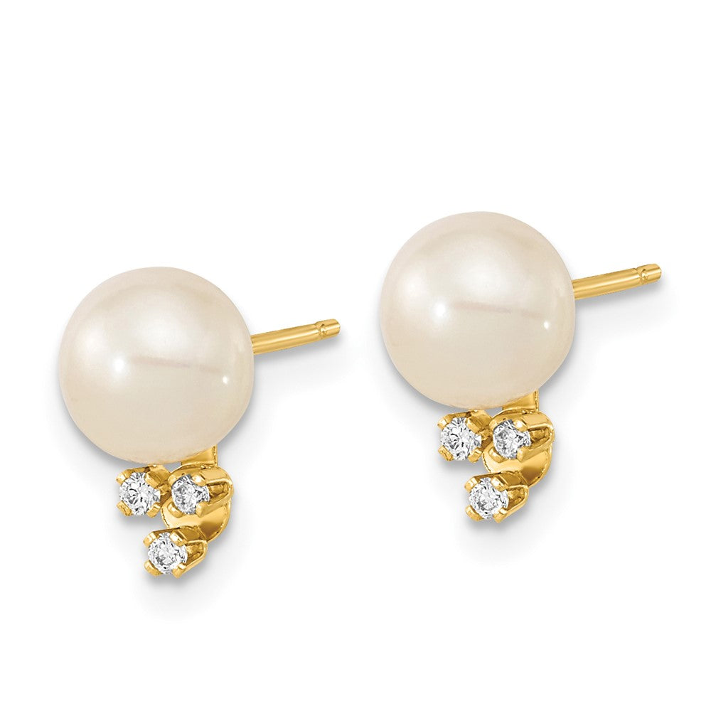 14K Yellow Gold 6 7mm White Round Freshwater Cultured Pearl And .06 Carat Diamond Post Earrings