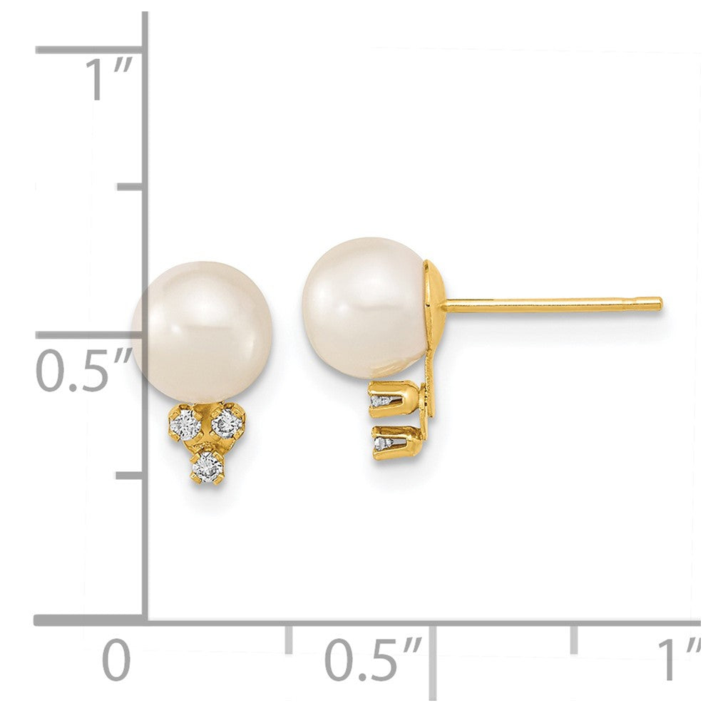 14K Yellow Gold 6 7mm White Round Freshwater Cultured Pearl And .06 Carat Diamond Post Earrings
